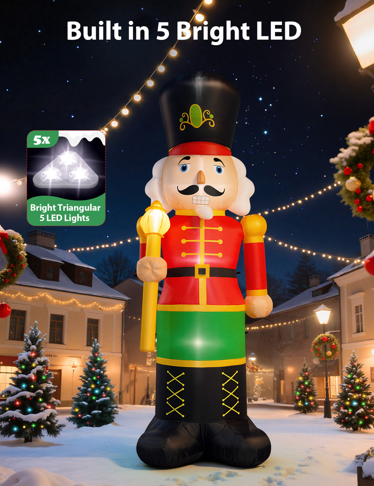 14FT giant inflatable nutcracker soldier in a red jacket with a gold staff