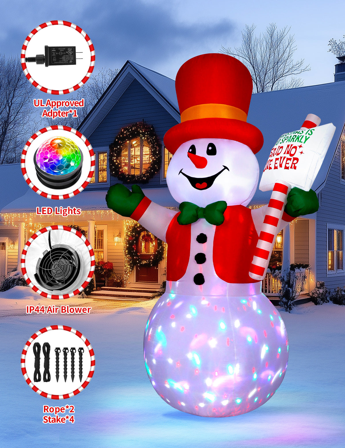8FT inflatable snowman holding a sign with rotating disco LED for Christmas yard decoration
