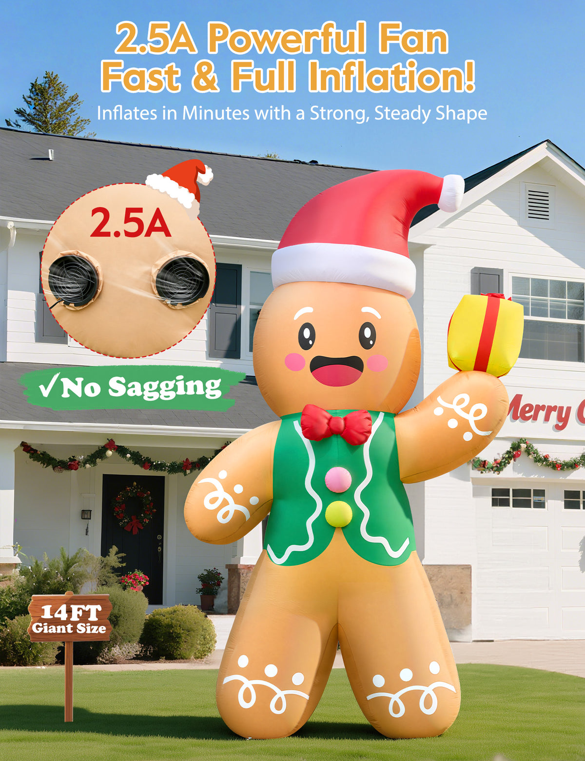 14FT giant inflatable gingerbread man in a Santa hat holding a gift box