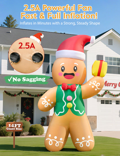 14FT giant inflatable gingerbread man in a Santa hat holding a gift box