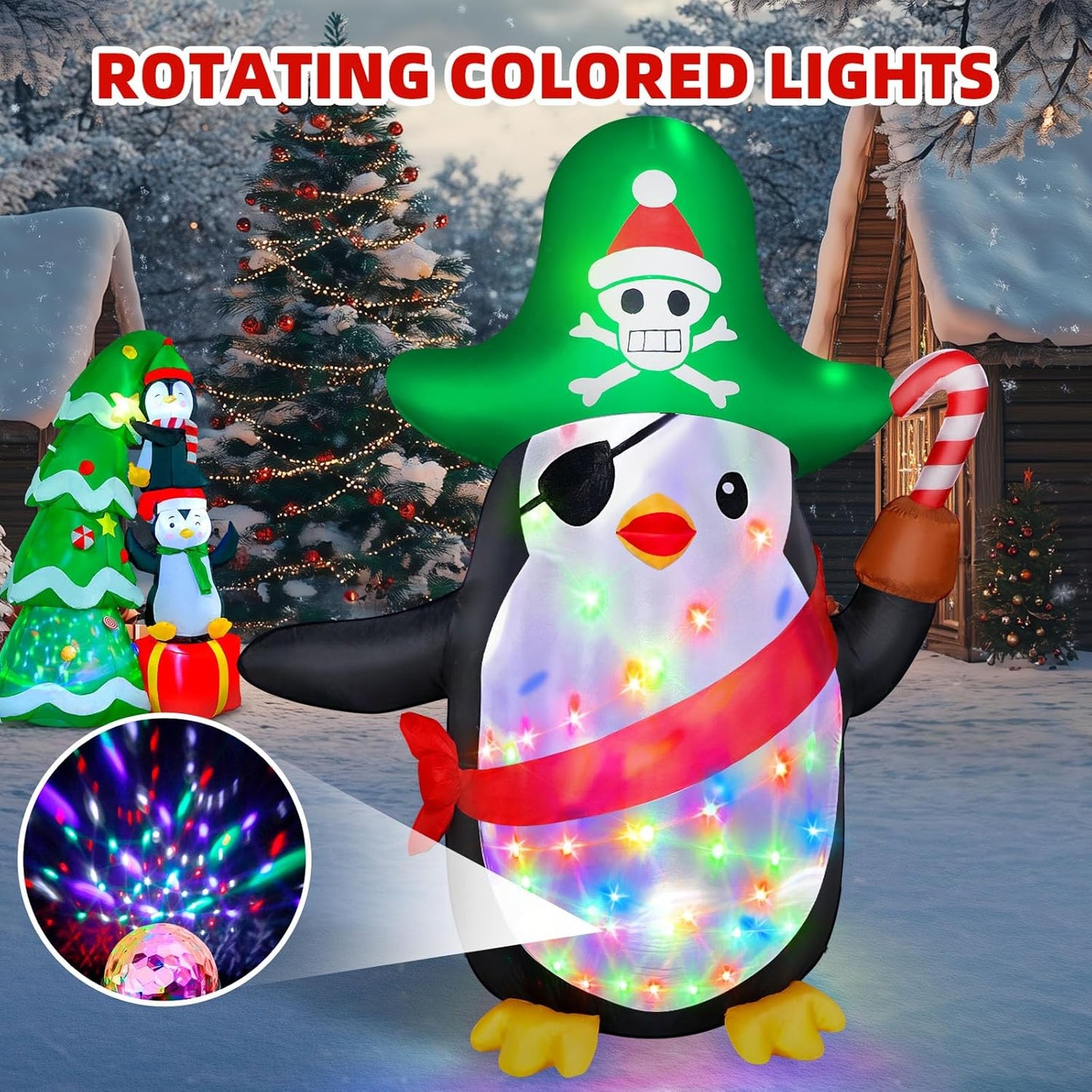 6FT Inflatable Pirate Penguin Decoration with Rotating Colored LED for Yard & Christmas Party - view 3