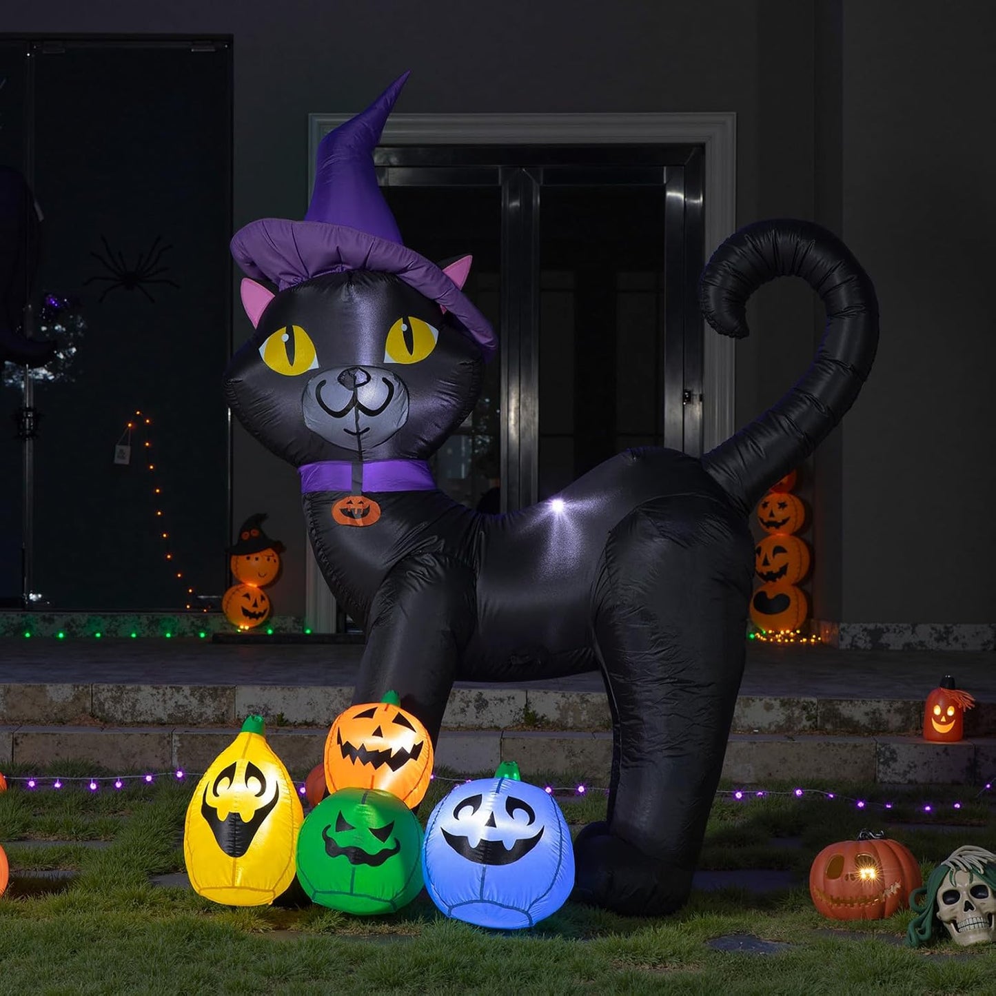 6FT Inflatable Black Cat with Witch Hat Decoration with LED Lights for Yard & Halloween Party - view 8