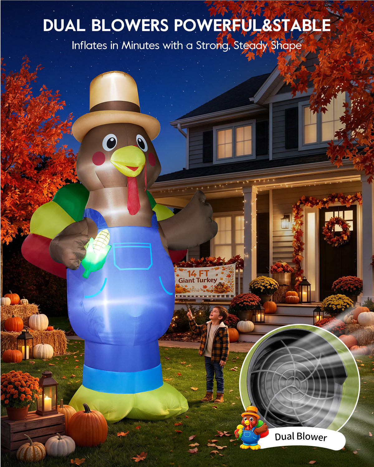 14FT giant inflatable Thanksgiving turkey in blue overalls with a farmer hat and corn