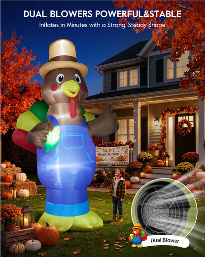 14FT giant inflatable Thanksgiving turkey in blue overalls with a farmer hat and corn