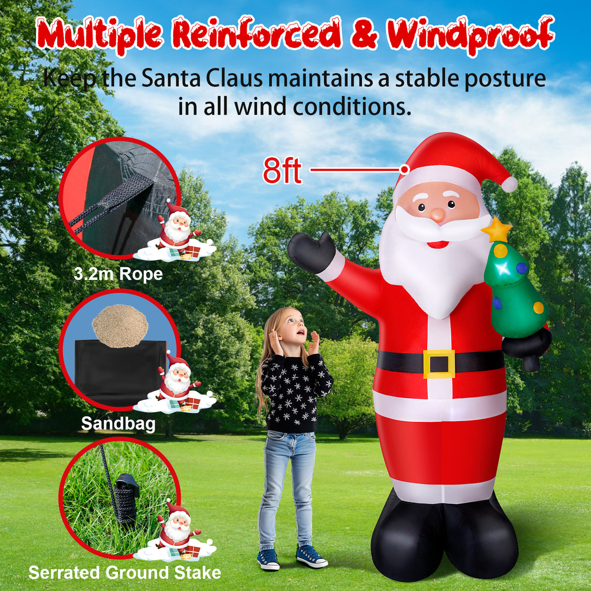 8FT inflatable standing Santa Claus with LED lights for Christmas yard decoration