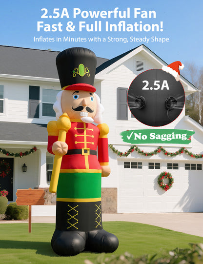 14FT giant inflatable nutcracker soldier in a red jacket with a gold staff