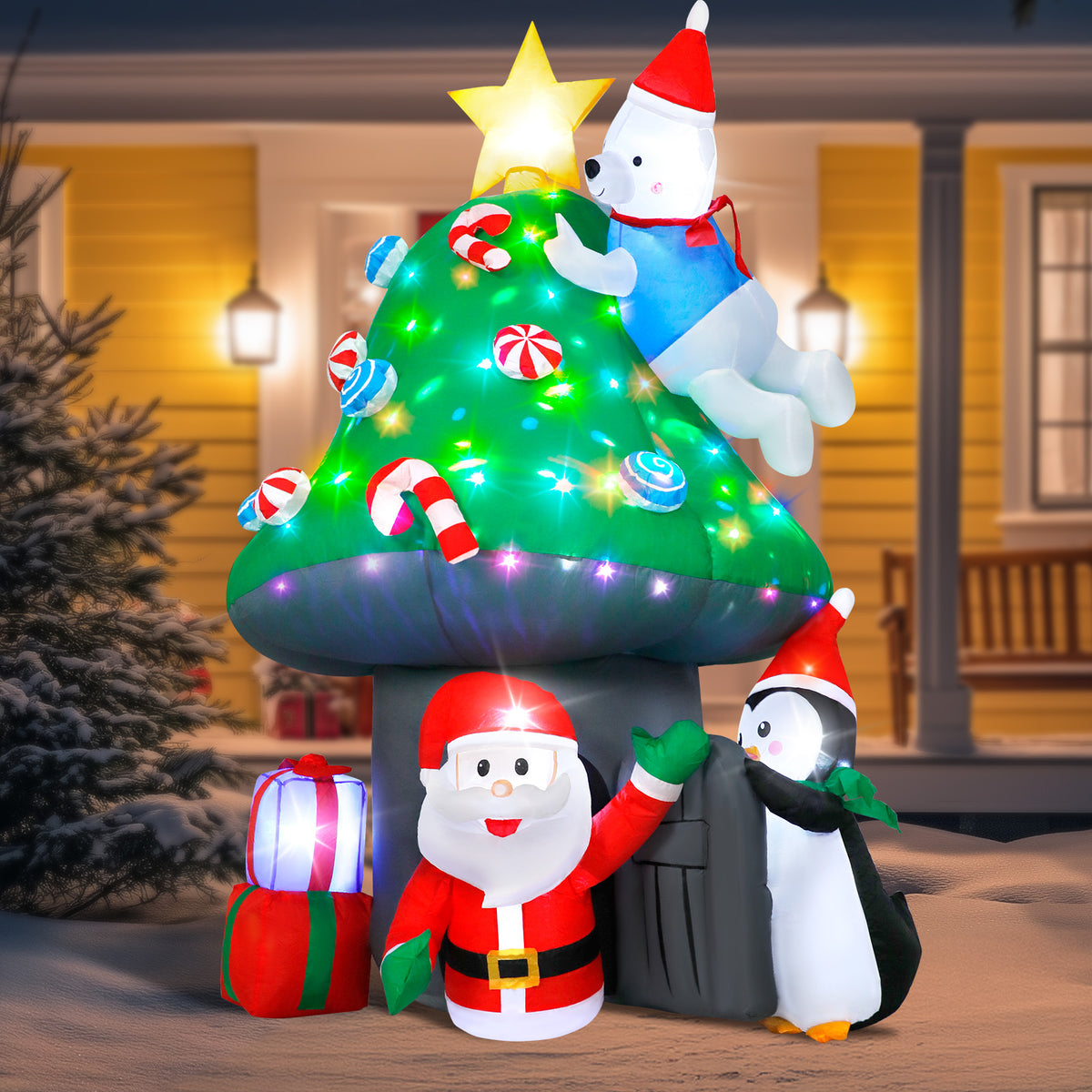 7FT inflatable Christmas mushroom house with Santa, polar bear and penguin for yard decoration