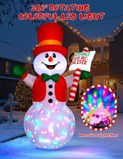 8FT inflatable snowman holding a sign with rotating disco LED for Christmas yard decoration