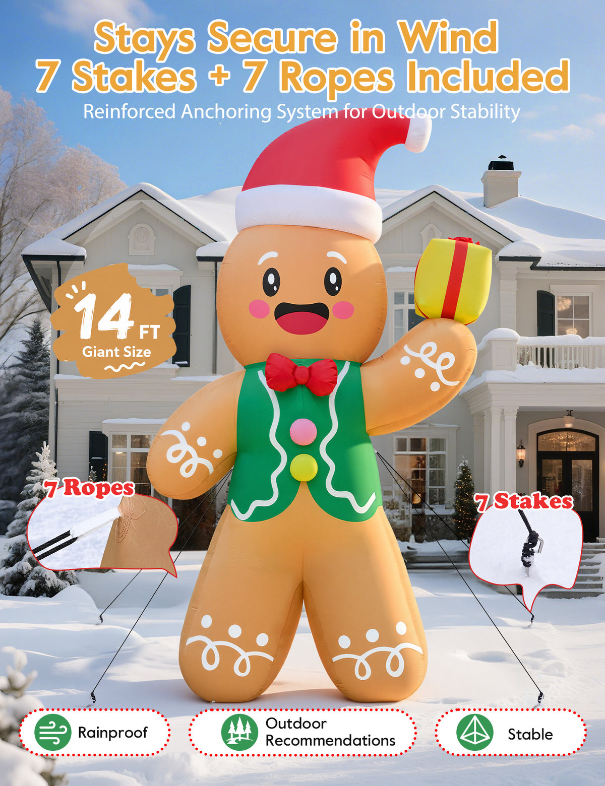 14FT giant inflatable gingerbread man in a Santa hat holding a gift box
