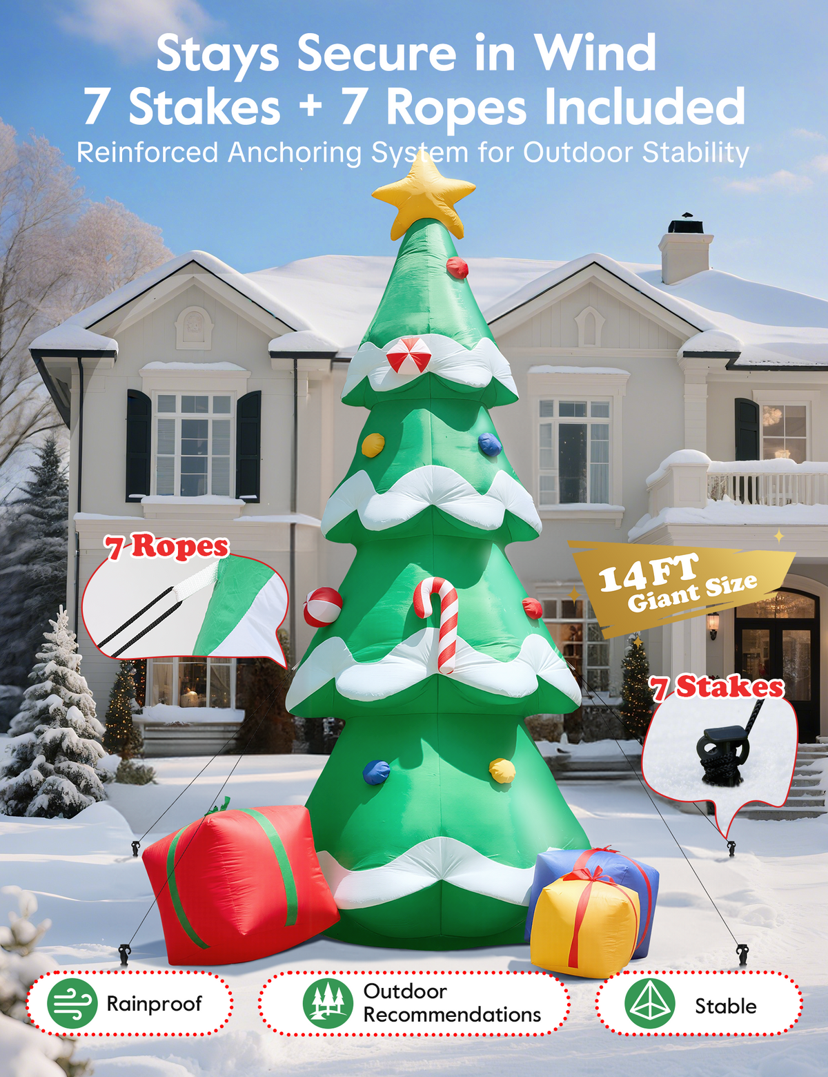 14FT giant inflatable Christmas tree with star topper, candy canes and 3 gift boxes