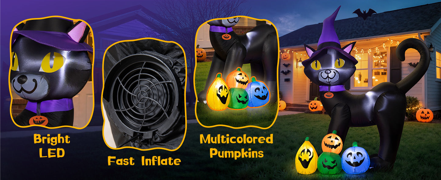 6FT Inflatable Black Cat with Witch Hat Decoration with LED Lights for Yard & Halloween Party - view 12
