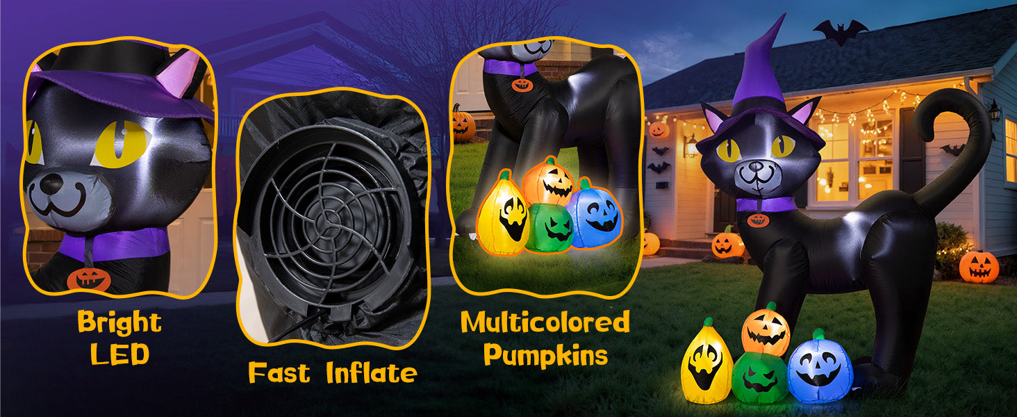 6FT Inflatable Black Cat with Witch Hat Decoration with LED Lights for Yard & Halloween Party - view 12
