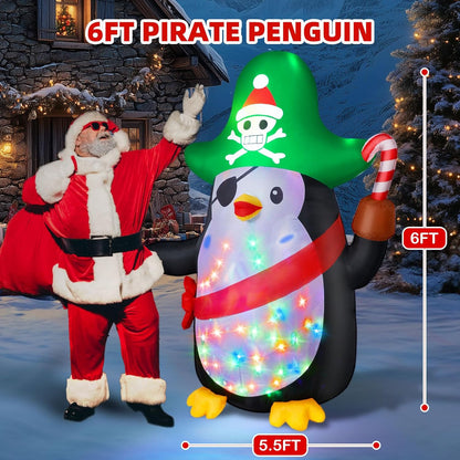 6FT Inflatable Pirate Penguin Decoration with Rotating Colored LED for Yard & Christmas Party - view 2