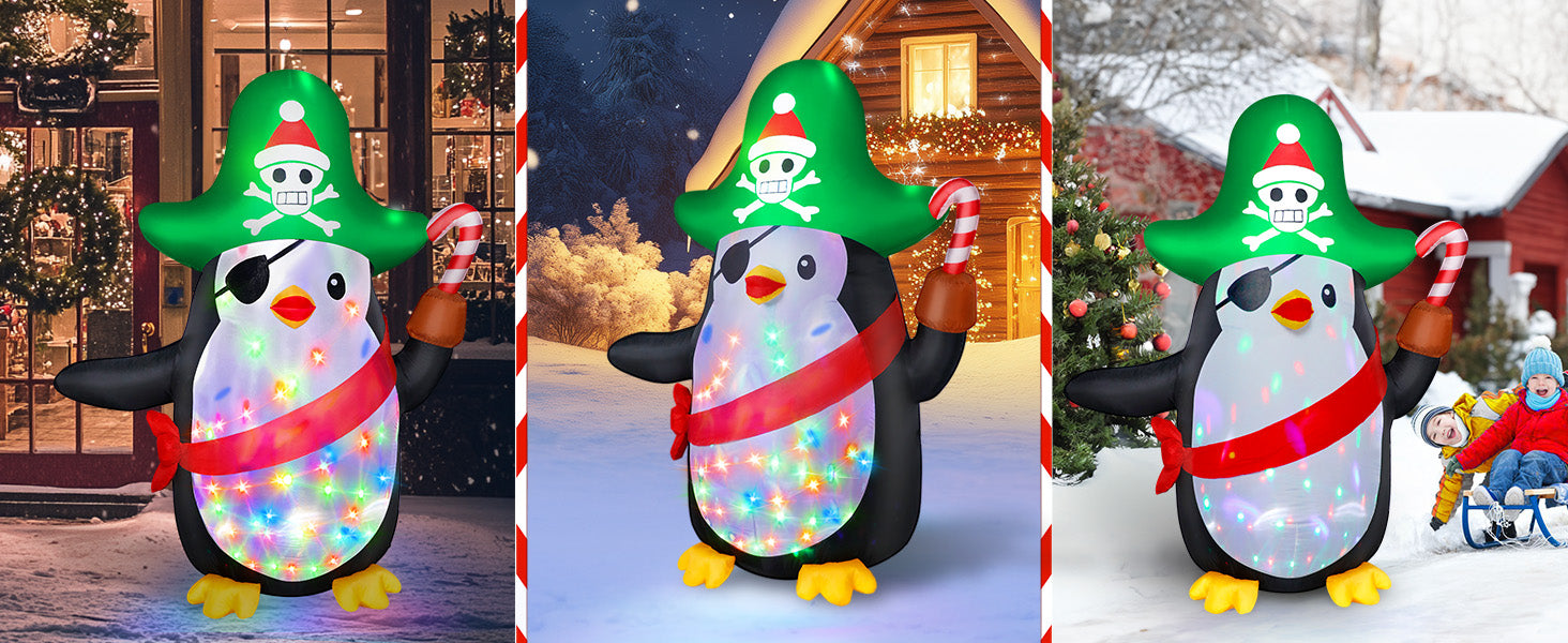 6FT Inflatable Pirate Penguin Decoration with Rotating Colored LED for Yard & Christmas Party - view 13