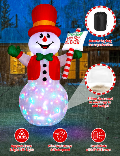 8FT inflatable snowman holding a sign with rotating disco LED for Christmas yard decoration
