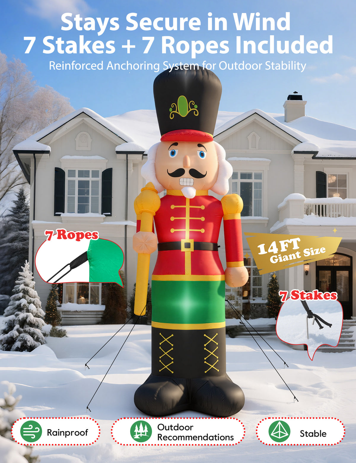 14FT giant inflatable nutcracker soldier in a red jacket with a gold staff