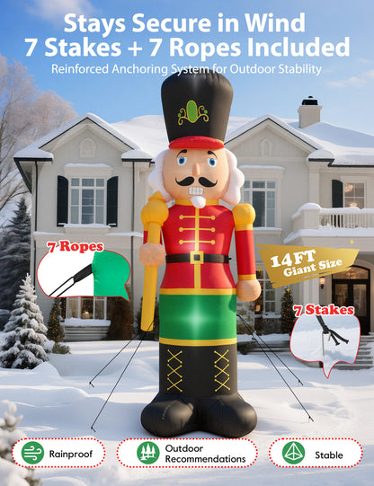 14FT giant inflatable nutcracker soldier in a red jacket with a gold staff