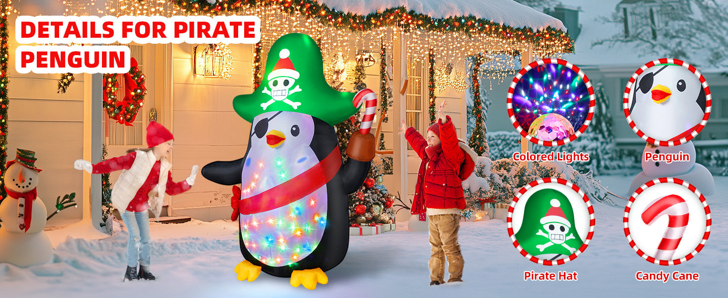 6FT Inflatable Pirate Penguin Decoration with Rotating Colored LED for Yard & Christmas Party - view 8
