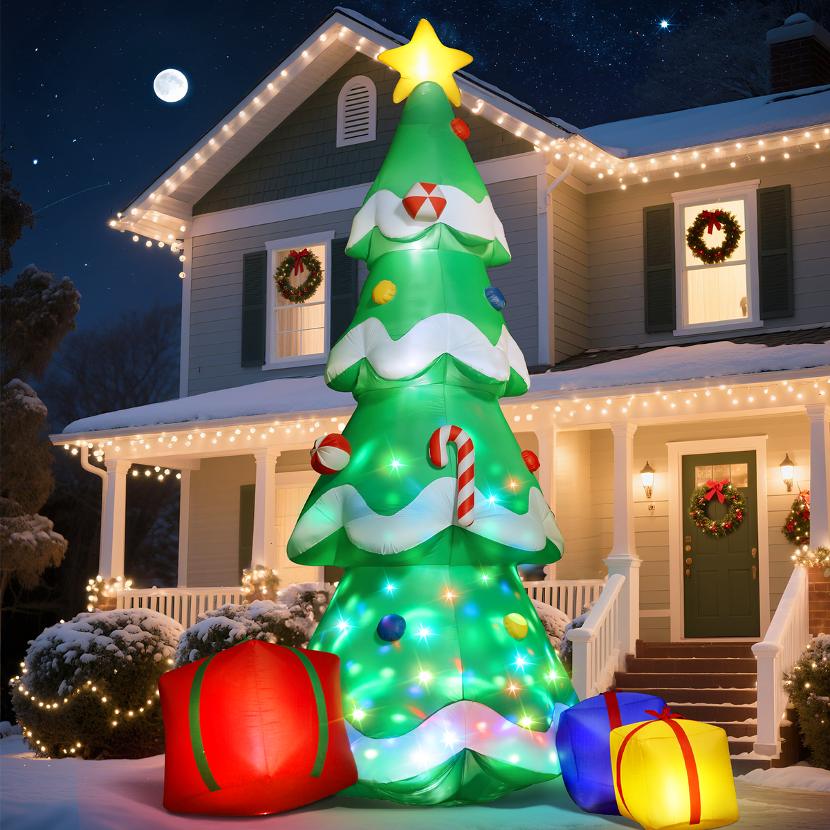 14FT giant inflatable Christmas tree with star topper, candy canes and 3 gift boxes