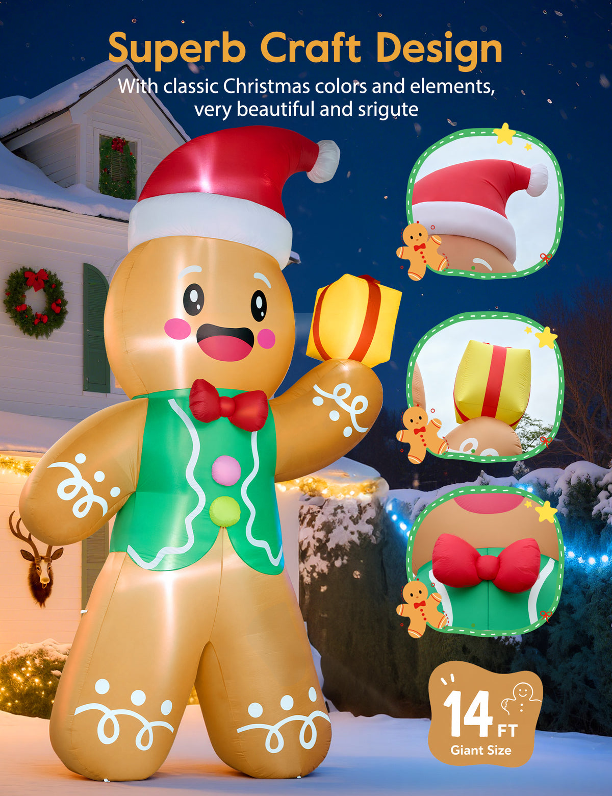 14FT giant inflatable gingerbread man in a Santa hat holding a gift box