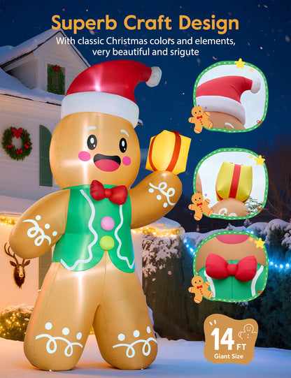14FT giant inflatable gingerbread man in a Santa hat holding a gift box