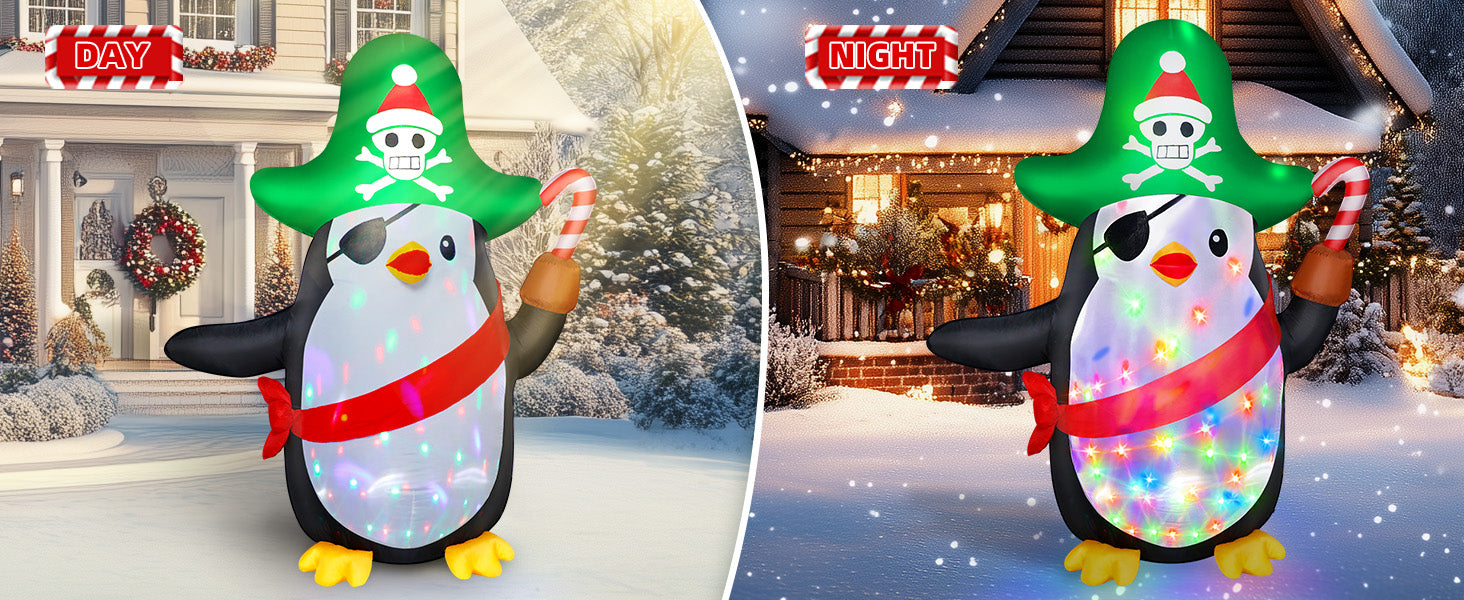 6FT Inflatable Pirate Penguin Decoration with Rotating Colored LED for Yard & Christmas Party - view 12