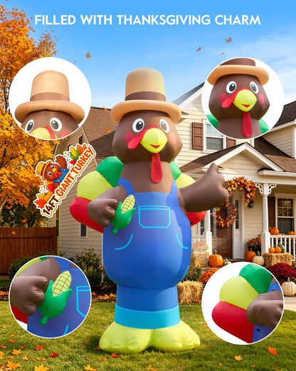 14FT giant inflatable Thanksgiving turkey in blue overalls with a farmer hat and corn