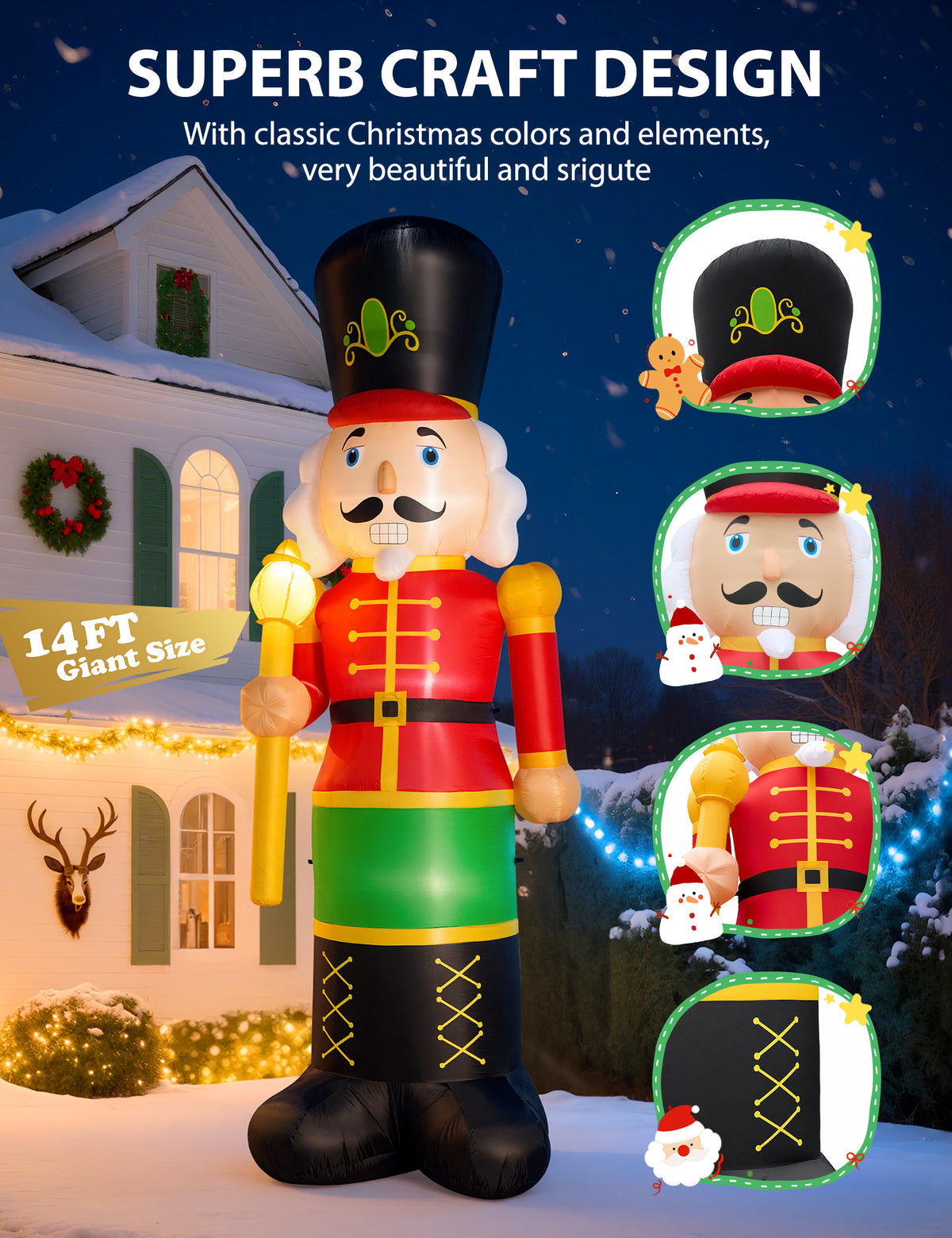 14FT giant inflatable nutcracker soldier in a red jacket with a gold staff