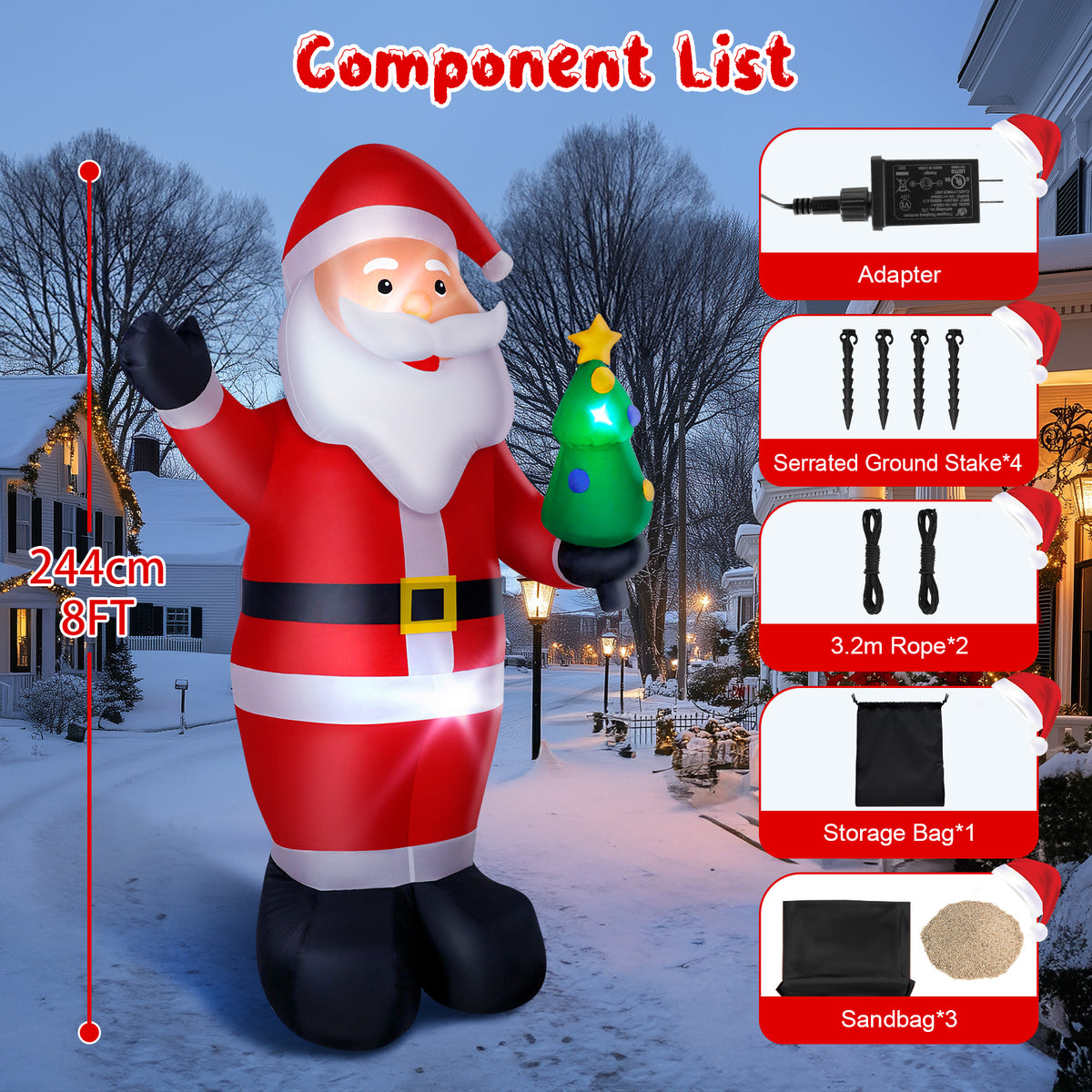 8FT inflatable standing Santa Claus with LED lights for Christmas yard decoration