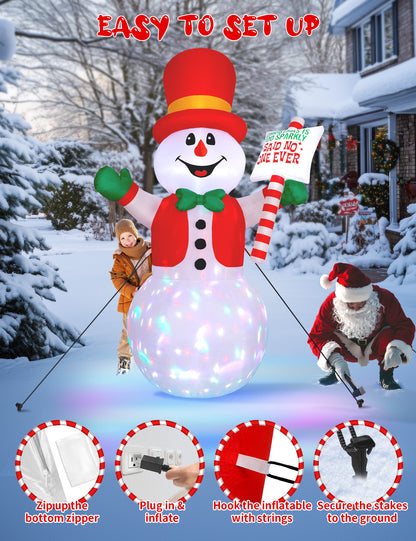 8FT inflatable snowman holding a sign with rotating disco LED for Christmas yard decoration
