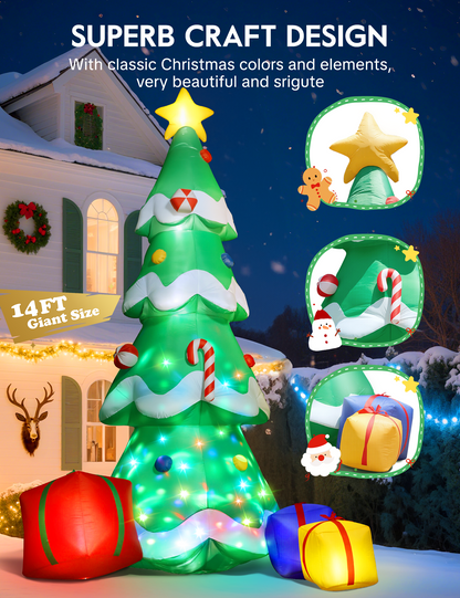 14FT giant inflatable Christmas tree with star topper, candy canes and 3 gift boxes