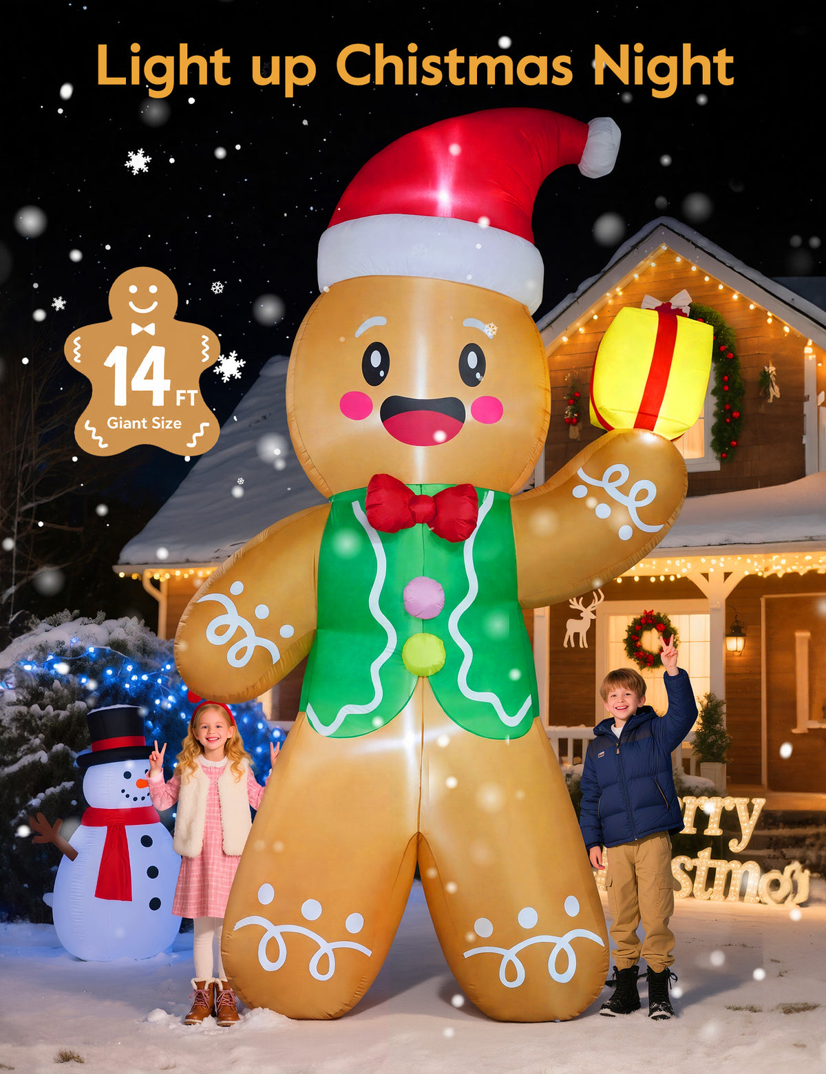 14FT giant inflatable gingerbread man in a Santa hat holding a gift box