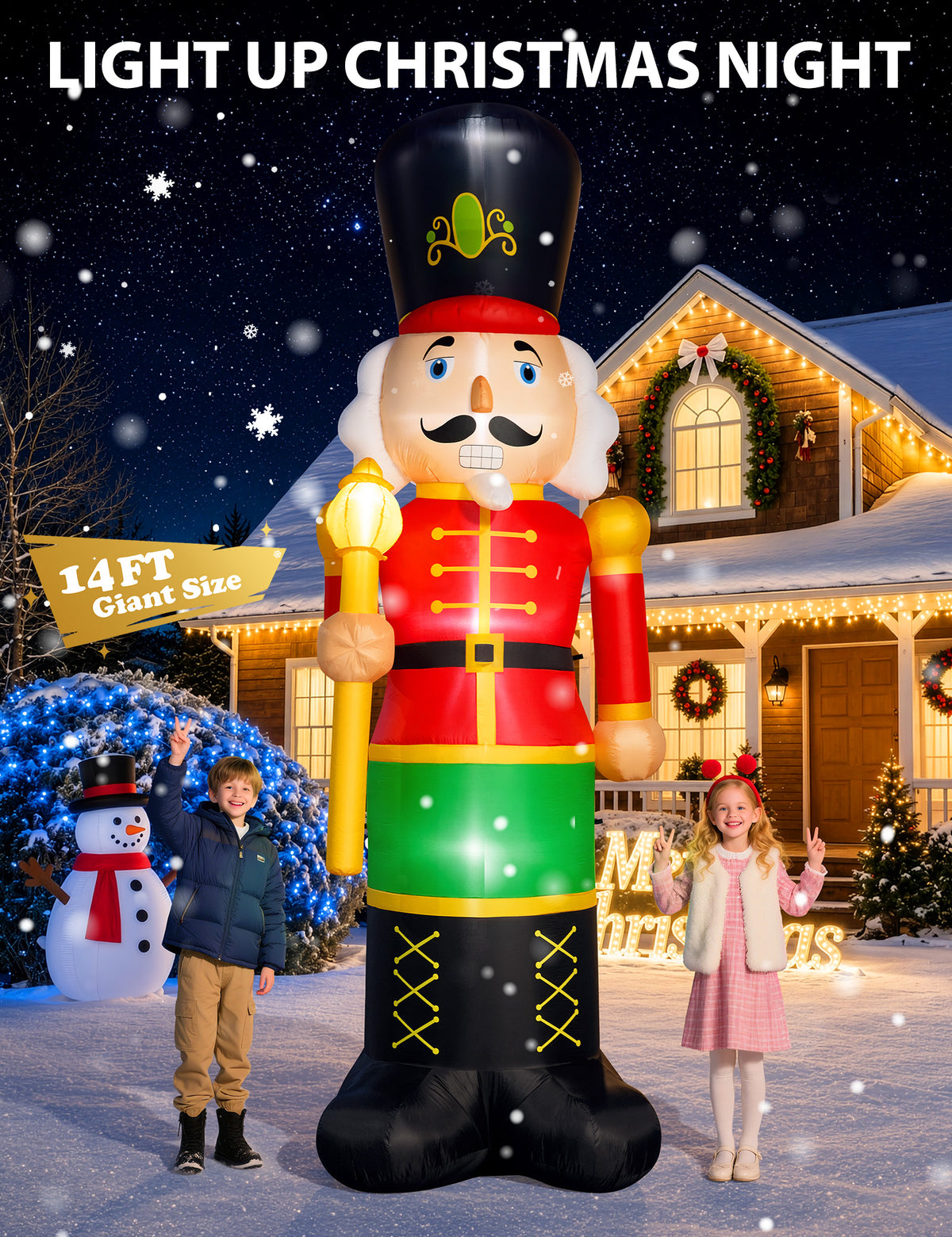 14FT giant inflatable nutcracker soldier in a red jacket with a gold staff