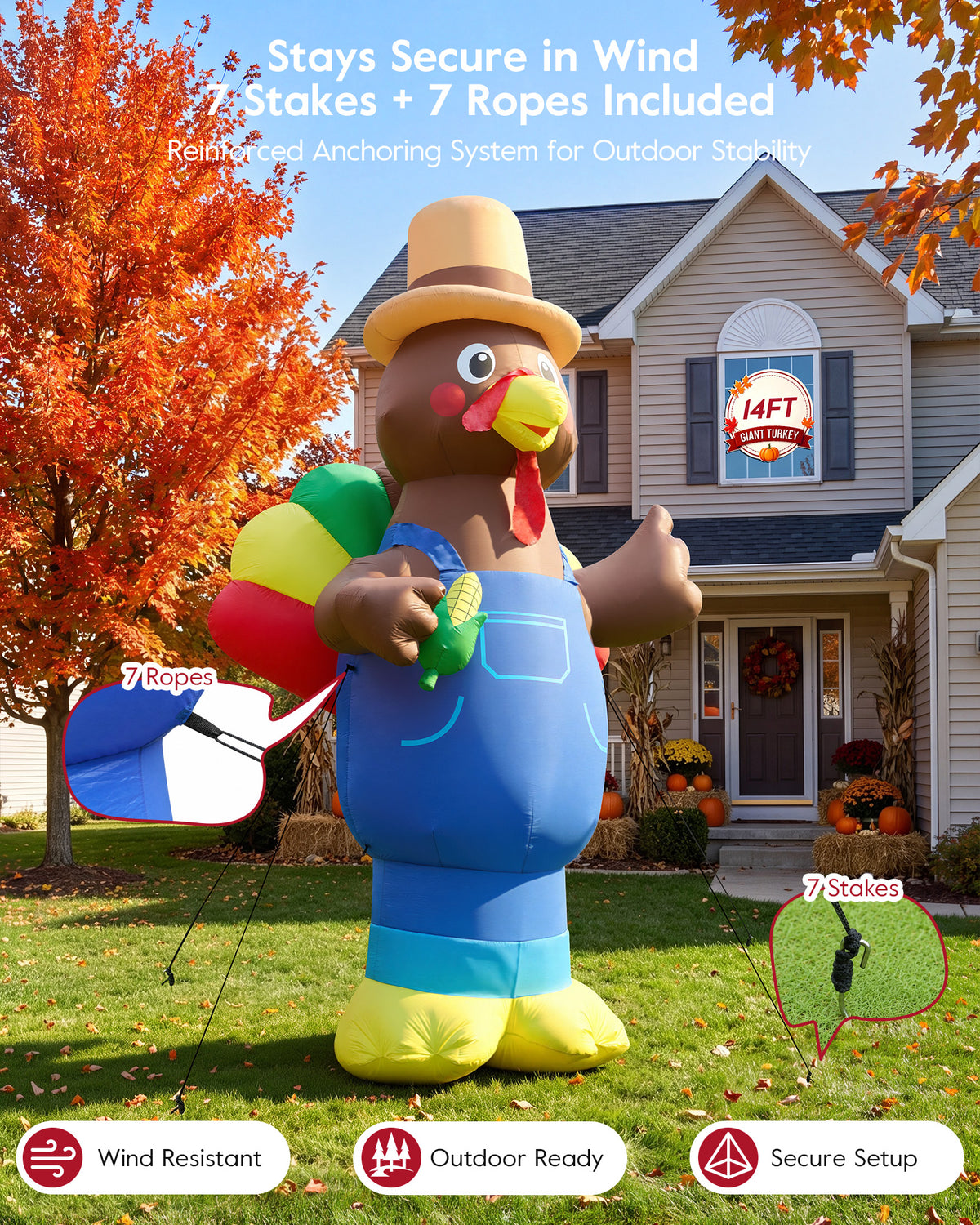 14FT giant inflatable Thanksgiving turkey in blue overalls with a farmer hat and corn