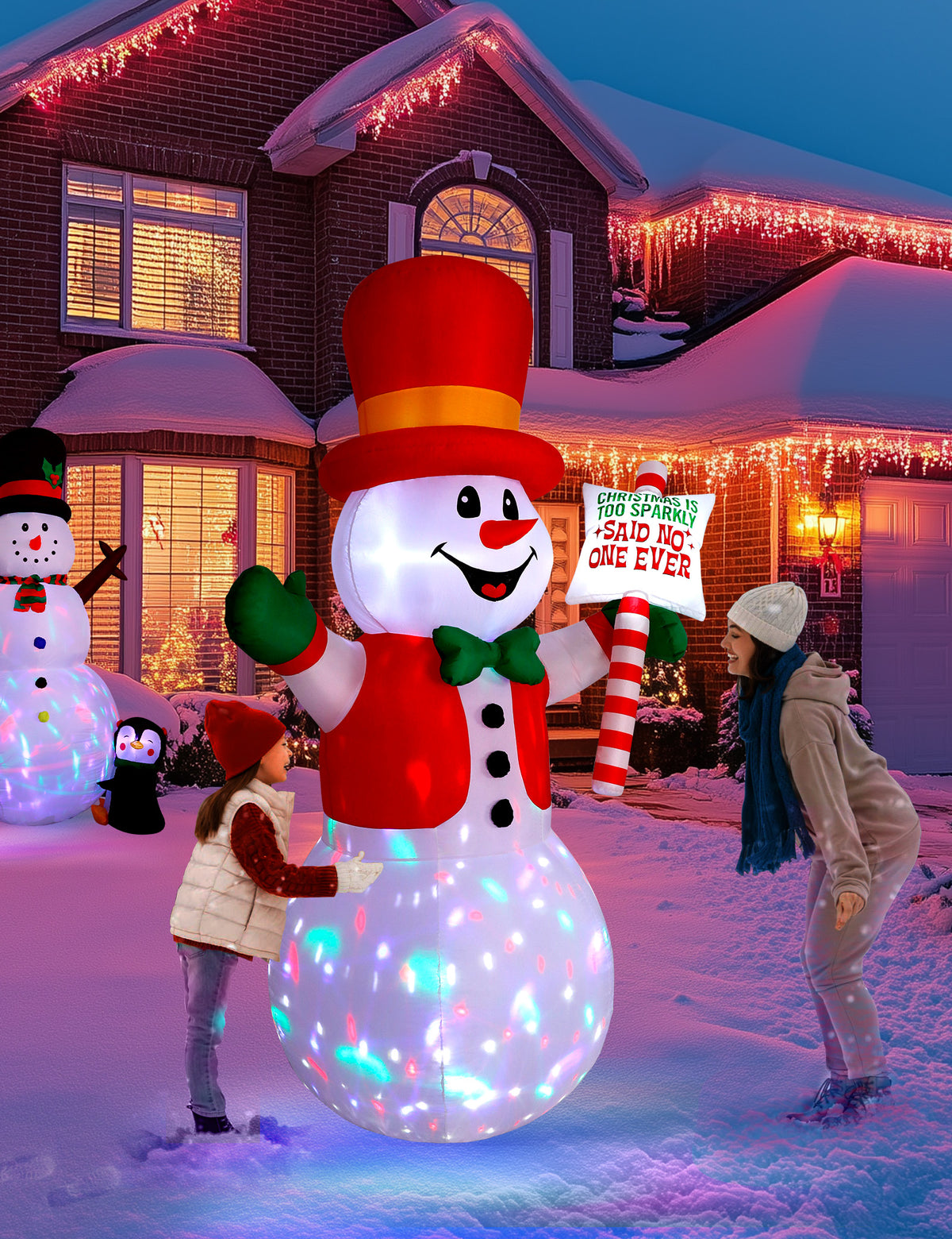8FT inflatable snowman holding a sign with rotating disco LED for Christmas yard decoration