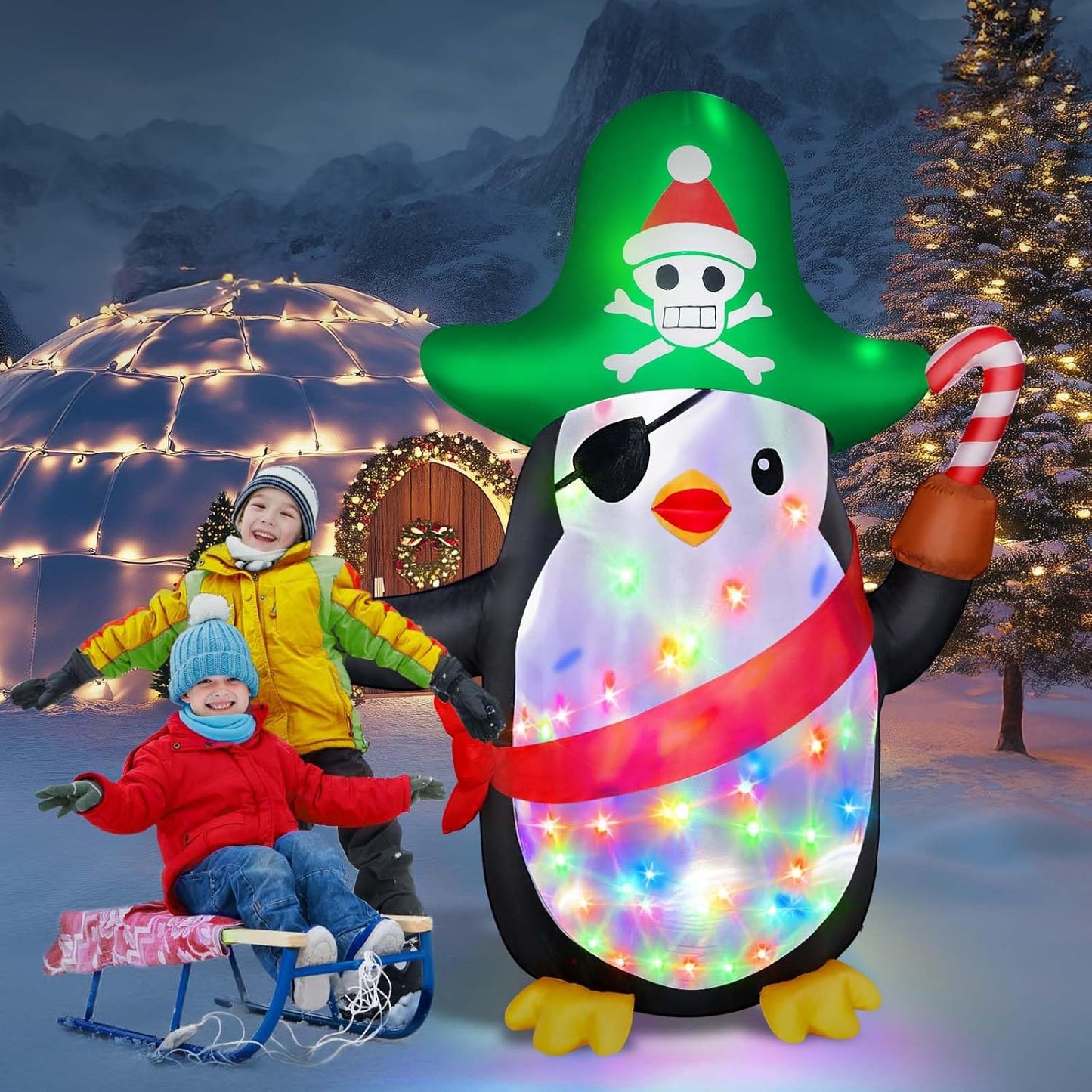 6FT Inflatable Pirate Penguin Decoration with Rotating Colored LED for Yard & Christmas Party - view 6