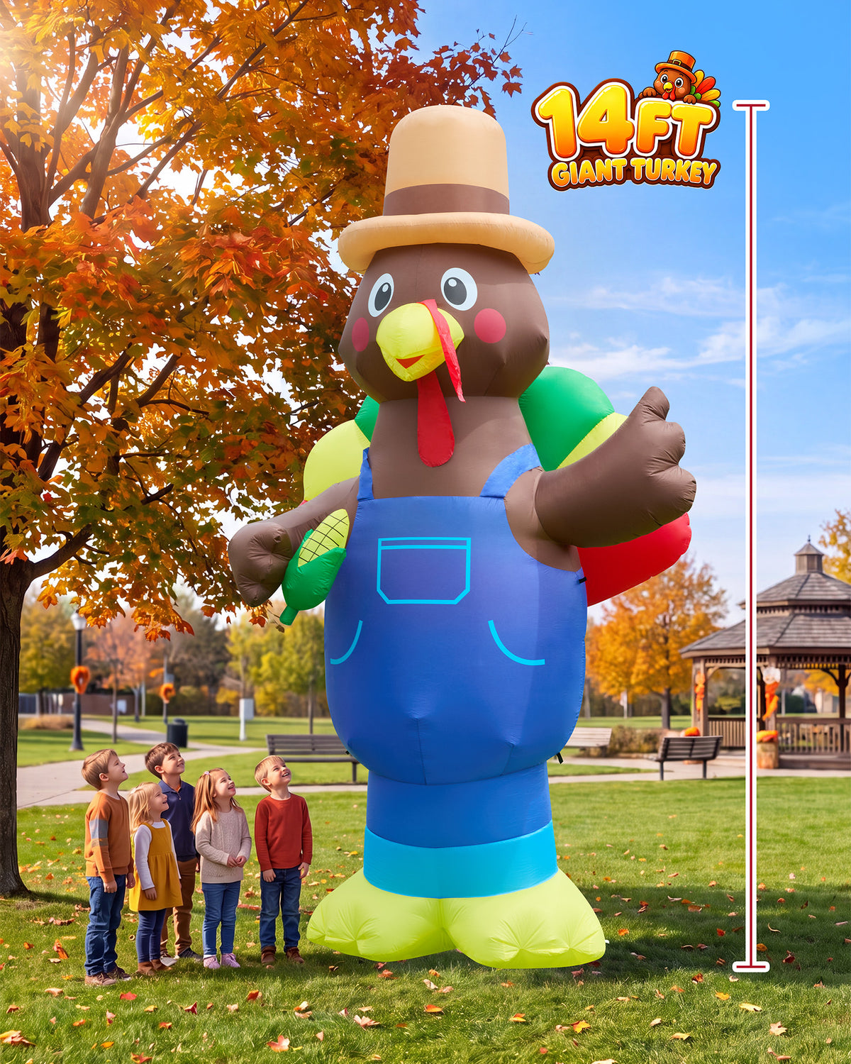 14FT giant inflatable Thanksgiving turkey in blue overalls with a farmer hat and corn