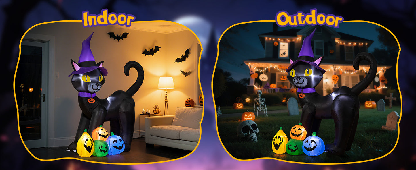 6FT Inflatable Black Cat with Witch Hat Decoration with LED Lights for Yard & Halloween Party - view 14