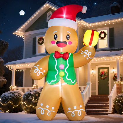 14FT giant inflatable gingerbread man in a Santa hat holding a gift box