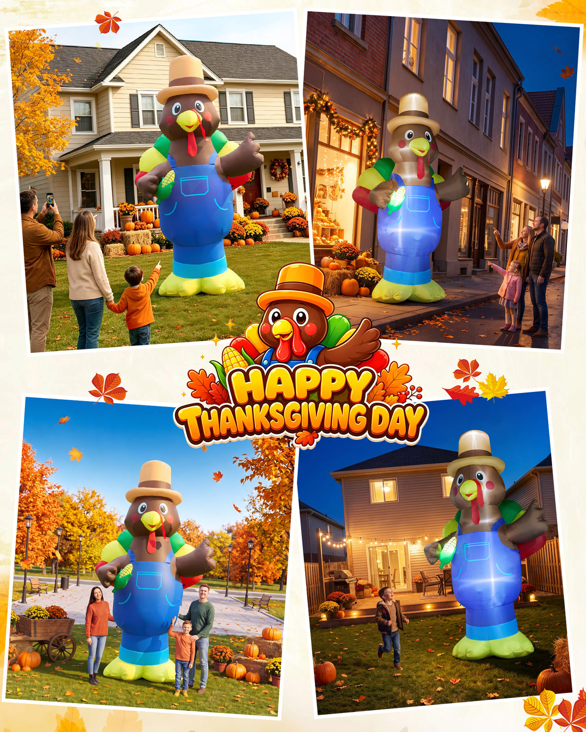 14FT giant inflatable Thanksgiving turkey in blue overalls with a farmer hat and corn