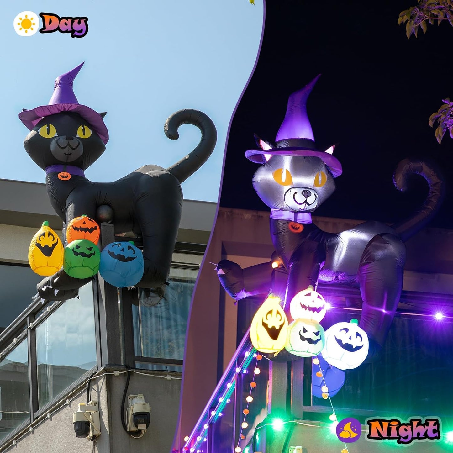 6FT Inflatable Black Cat with Witch Hat Decoration with LED Lights for Yard & Halloween Party - view 7