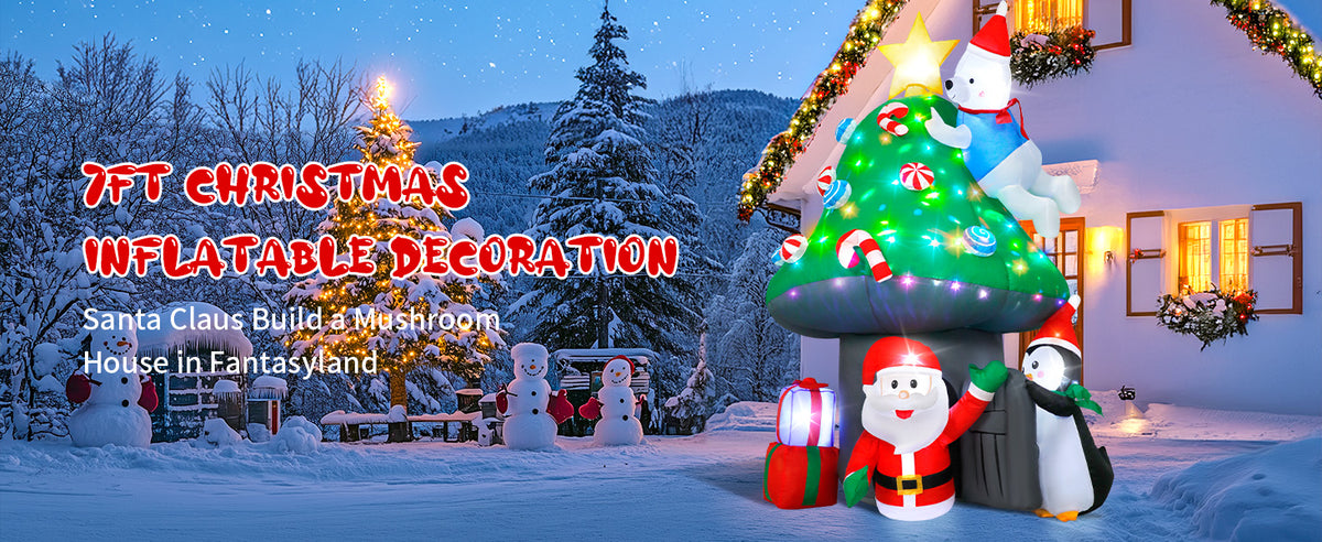7FT inflatable Christmas mushroom house with Santa, polar bear and penguin for yard decoration