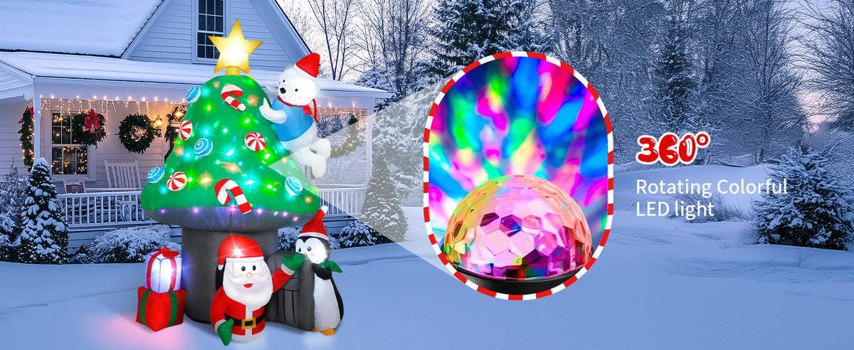7FT inflatable Christmas mushroom house with Santa, polar bear and penguin for yard decoration