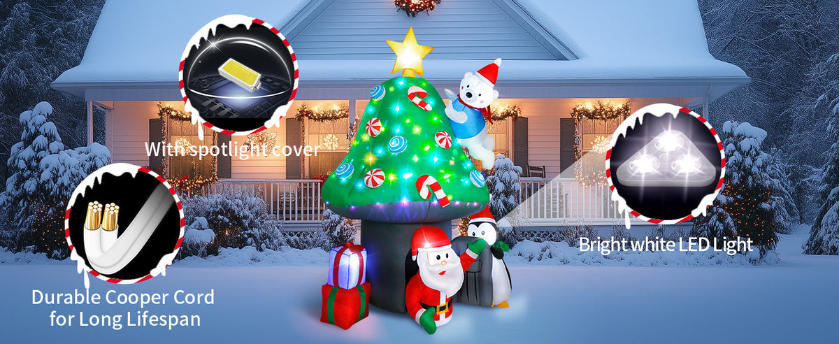 7FT inflatable Christmas mushroom house with Santa, polar bear and penguin for yard decoration