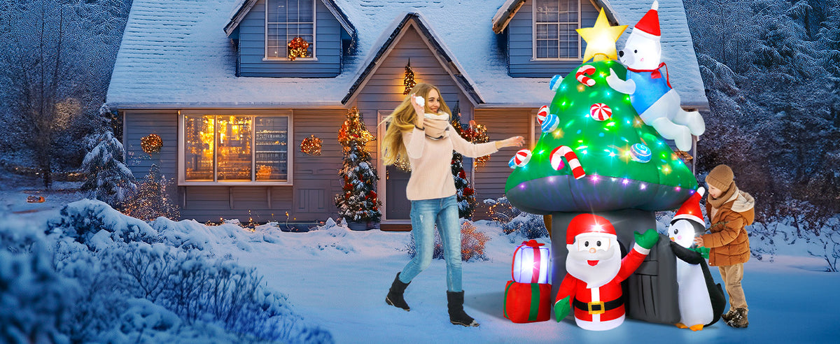 7FT inflatable Christmas mushroom house with Santa, polar bear and penguin for yard decoration