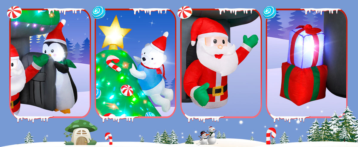 7FT inflatable Christmas mushroom house with Santa, polar bear and penguin for yard decoration