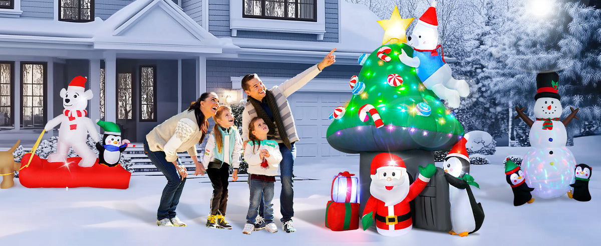 7FT inflatable Christmas mushroom house with Santa, polar bear and penguin for yard decoration