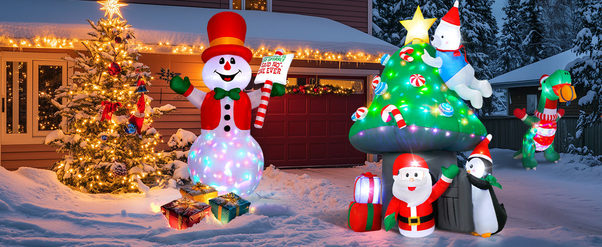 7FT inflatable Christmas mushroom house with Santa, polar bear and penguin for yard decoration