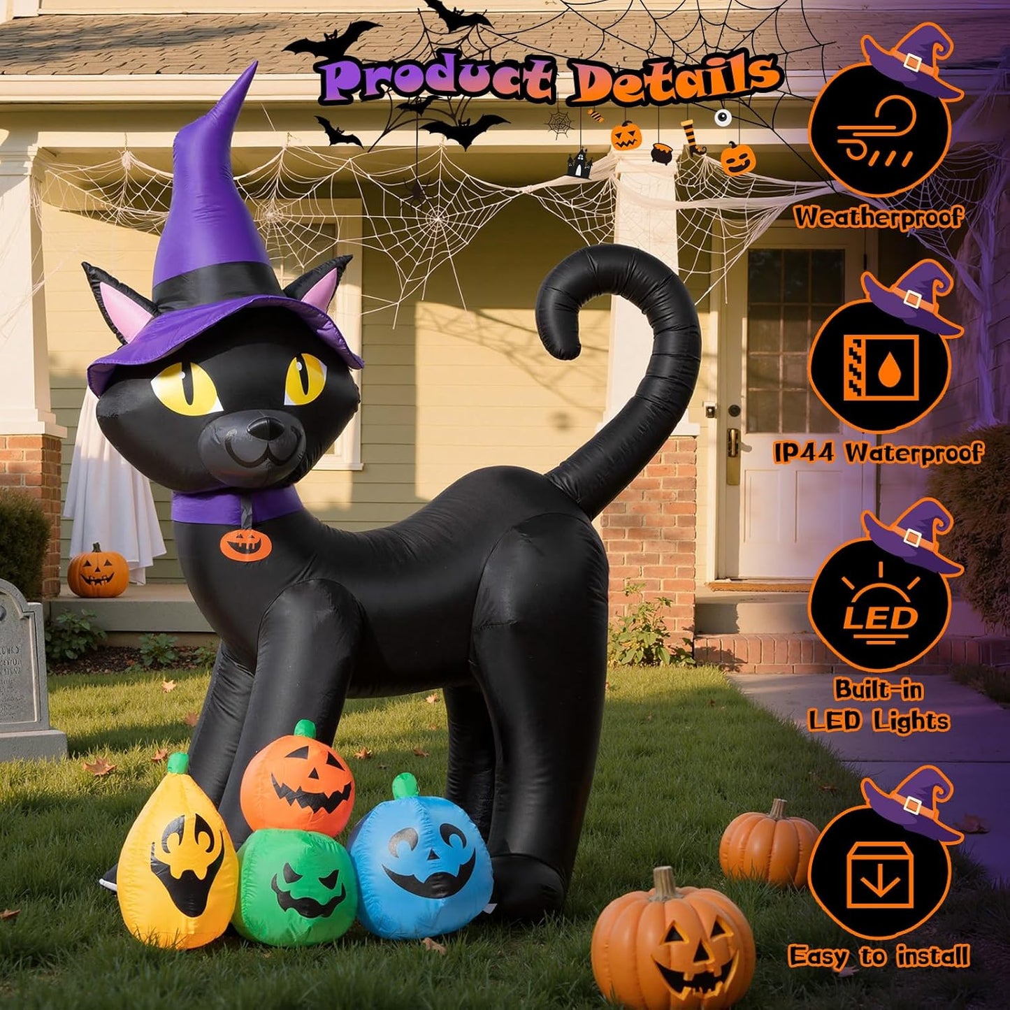 6FT Inflatable Black Cat with Witch Hat Decoration with LED Lights for Yard & Halloween Party - view 4