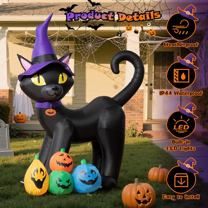6FT Inflatable Black Cat with Witch Hat Decoration with LED Lights for Yard & Halloween Party - view 4